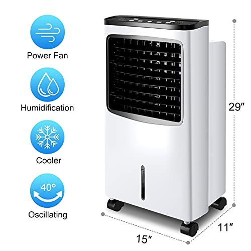 3-IN-1 Evaporative Air Cooler, Wide Oscillating Air Cooler with Humidifier, Remote Control, 2 Ice Packs & 2.1 Gallons Water Tank. Portable Tower fan for Room, Office & Home