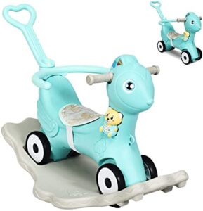 costzon 4 in 1 baby rocking horse, ride on push car, push and ride racer w/music, safety bar, parental handle, cushion, kids sliding cart rocker for 3–5 year old, toddler boys & girls gift toy, green