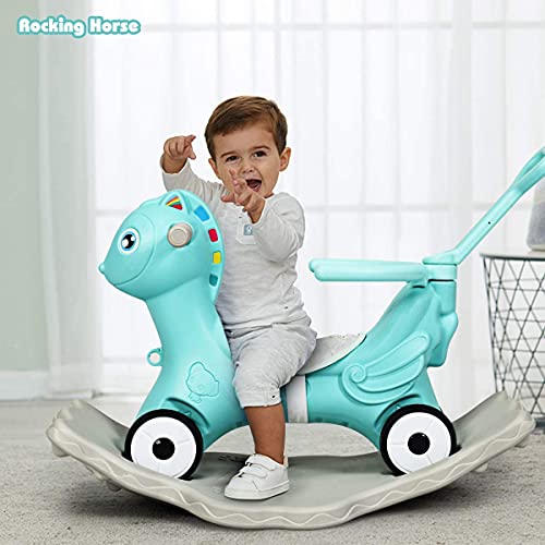 Costzon 4 in 1 Baby Rocking Horse, Ride on Push Car, Push and Ride Racer w/Music, Safety Bar, Parental Handle, Cushion, Kids Sliding Cart Rocker for 3–5 Year Old, Toddler Boys & Girls Gift Toy, Green