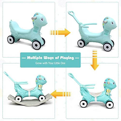 Costzon 4 in 1 Baby Rocking Horse, Ride on Push Car, Push and Ride Racer w/Music, Safety Bar, Parental Handle, Cushion, Kids Sliding Cart Rocker for 3–5 Year Old, Toddler Boys & Girls Gift Toy, Green