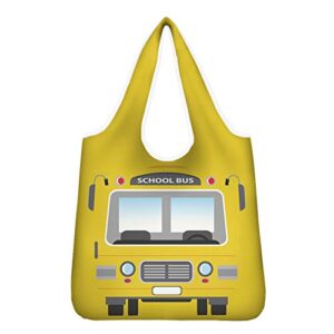 wellflyhom yellow school bus reusable shopping durable polyester cloth totes gift bags with pouch long handle heavy duty eco friendly for shopping trip,groceries,library trip