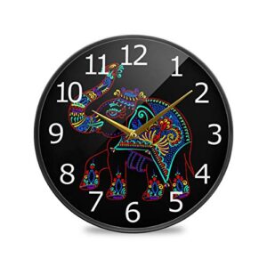 alaza ethnic folk art indian elephant acrylic painted silent non-ticking round wall clock, 9.5 inch battery operated quiet desk clock home art bedroom living dorm room office school decor