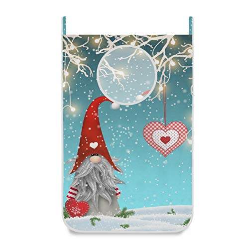 Winter Gnome Tomte Christmas Hanging Laundry Hamper Bag Winter New Year Xmas Heart Dirty Clothes Bag Large Storage Folding Basket Hanging Zippered Laundry Basket for Bathroom College, Closet, Behind