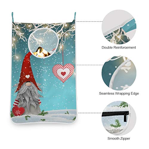 Winter Gnome Tomte Christmas Hanging Laundry Hamper Bag Winter New Year Xmas Heart Dirty Clothes Bag Large Storage Folding Basket Hanging Zippered Laundry Basket for Bathroom College, Closet, Behind