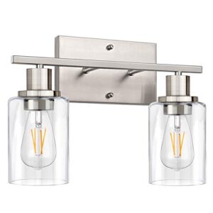 shinetech 2-light bathroom vanity light fixtures, modern vanity lights with clear glass shade, brushed nickel bathroom wall light, wall sconce wall lamp for mirror kitchen living room bedroom hallway