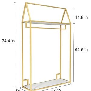 TDD Modern Clothing Rack Gold with 2 Shelves Free-Standing Garment Rack Heavy Duty Retail Display Clothes Racks for Hanging Clothes Boutique Home