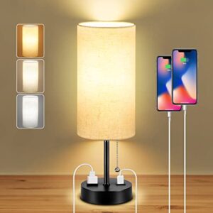 dott arts table lamp for bedroom, 3-color bedside lamps with pull chain, bedroom table lamps for nightstand with usb port & ac outlet,small lamp for living room, bulb included, fabric linen lamp shade