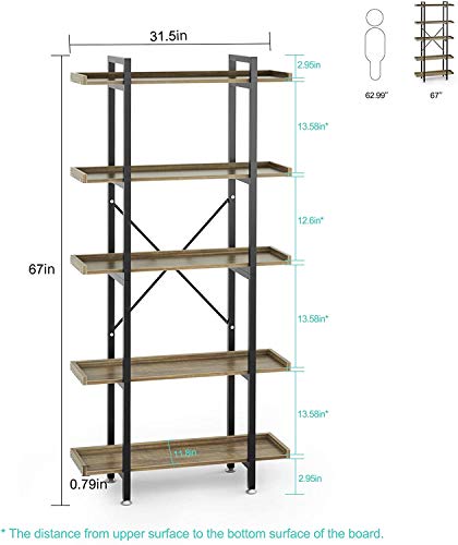 SEISSO 5 Tier Bookcase, Open Bookshelf Metal Shelving Unit Etagere Bookcase Solid Tube Wood Shelves Rustic Bookshelf Modern Style Bookcase Furniture for Home Office Living Room 37" x 31.5" x 11.8"