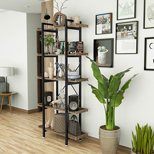 SEISSO 5 Tier Bookcase, Open Bookshelf Metal Shelving Unit Etagere Bookcase Solid Tube Wood Shelves Rustic Bookshelf Modern Style Bookcase Furniture for Home Office Living Room 37" x 31.5" x 11.8"