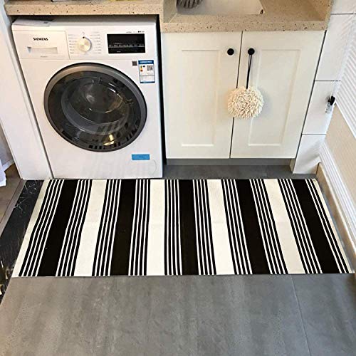 ABREEZE Black and Cream White Striped Rug Runner BlackCotton Woven Porch Rug Farmhouse Striped Outdoor Indoor Rugs Washable Door Mat for Porch Layered Kitchen Bathroom Laundry Room 2' x 4.3