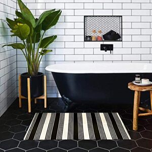 ABREEZE Black and Cream White Striped Rug Runner BlackCotton Woven Porch Rug Farmhouse Striped Outdoor Indoor Rugs Washable Door Mat for Porch Layered Kitchen Bathroom Laundry Room 2' x 4.3