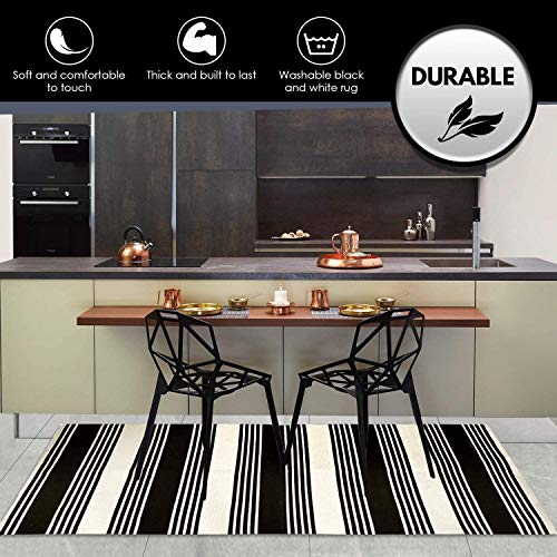 ABREEZE Black and Cream White Striped Rug Runner BlackCotton Woven Porch Rug Farmhouse Striped Outdoor Indoor Rugs Washable Door Mat for Porch Layered Kitchen Bathroom Laundry Room 2' x 4.3