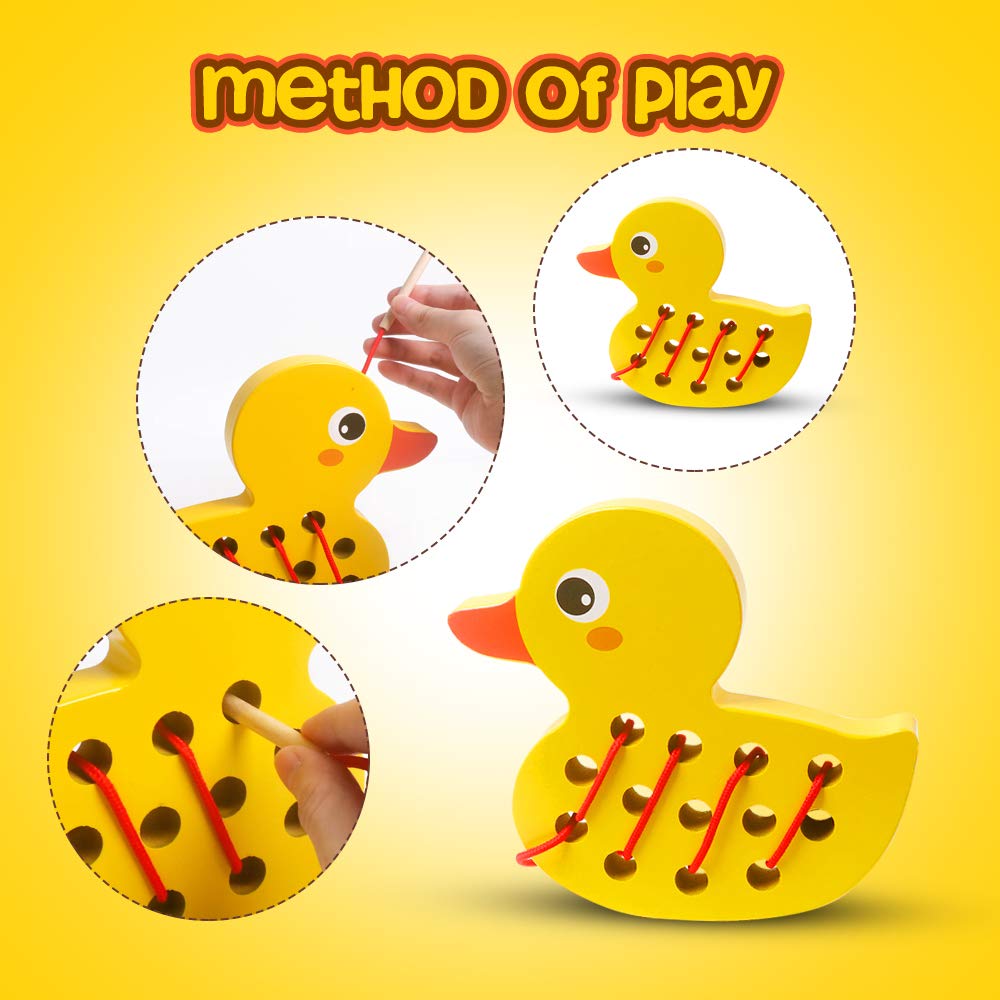 Skrtuan Wooden Lacing Duck Threading Toys Wood Block Puzzle Car Airplane Travel Game Montessori Early Development Fine Motor Skills Educational Gift for 1 2 3 Years Old Toddlers Baby Kids