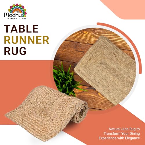 Madhu International Natural Jute Table Runner Rug, Long-Lasting Hand-Woven Rectangular Area Rug, Made from Jute Material for Indoor & Covered Door Entrances, 13 X 36 Inch