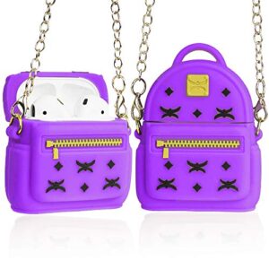aposu cute airpods case, silicone 3d backpack airpods cover with keychain&metal strap designed for apple airpods 1 & 2 (purple)