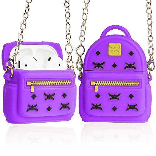 APOSU Cute Airpods Case, Silicone 3D Backpack Airpods Cover with Keychain&Metal Strap Designed for Apple AirPods 1 & 2 (Purple)
