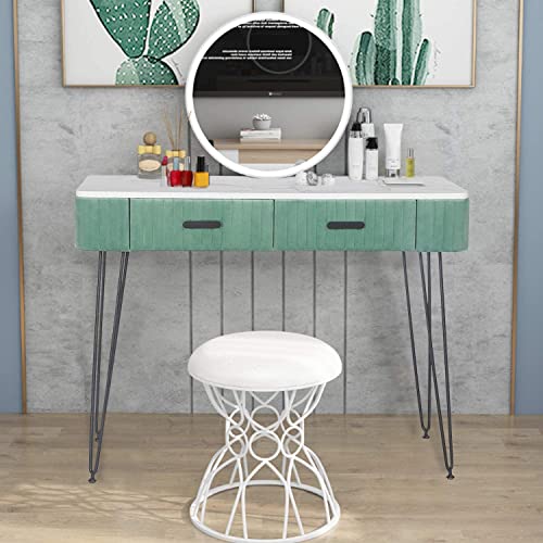 Adeco Elegant Vanity Makeup with Drawers, Storage Shelves, Makeup Organizer, 2 Drawers Makeup Vanity Desk Dressing Table (Green)