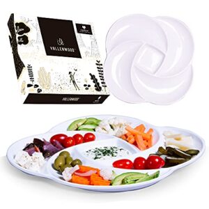 2 ecology reusable non disposable white veggie tray for partys. 13 in, unbreakable melamine not plastic. appetizer sectioned platter. vegetables and fruits. chip and dip serving. entertaining.