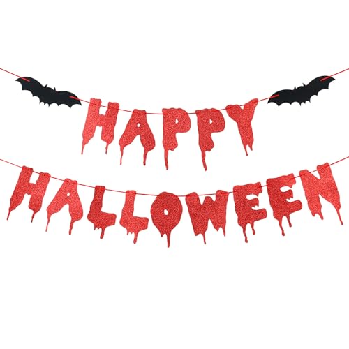 Red Glitter Happy Halloween Banner Halloween Party Banner for Halloween Haunted Houses Home Indoor Mantle Decor Happy Halloween Party Decorations