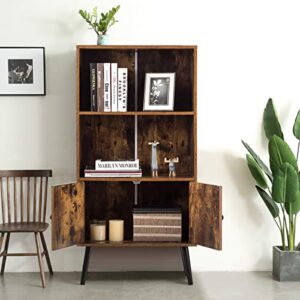 Tangkula Retro Bookcase, Industrial 2 Tier Bookshelf with Doors & Solid Wood Legs, Mid-Century Modern Storage Cabinet in Living Room Bedroom Office (Rustic Brown)