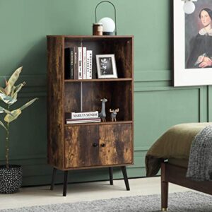 Tangkula Retro Bookcase, Industrial 2 Tier Bookshelf with Doors & Solid Wood Legs, Mid-Century Modern Storage Cabinet in Living Room Bedroom Office (Rustic Brown)