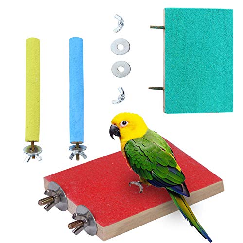 4 Pieces of 4 Color Bird and Parrot Roosting Platform, Biting and Foot Grinding Toy Set, Lizard Climbing, Frosted Springboard, Pole Set (2 Roosting Platforms + 2 Standing Sticks)