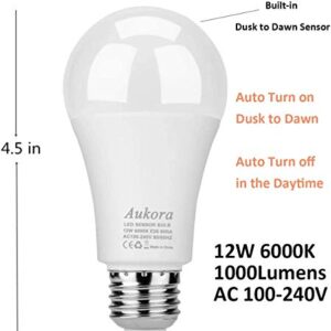 Aukora Dusk to Dawn Light Bulb 4 Pack, 12W (100-Watt Equivalent 1000lm) Smart Sensor Light Bulbs indoor E26/E27 6000K Daylight A19 Led outdoor Light Bulb for Porch Yard Garage Garden Patio(Cool White)