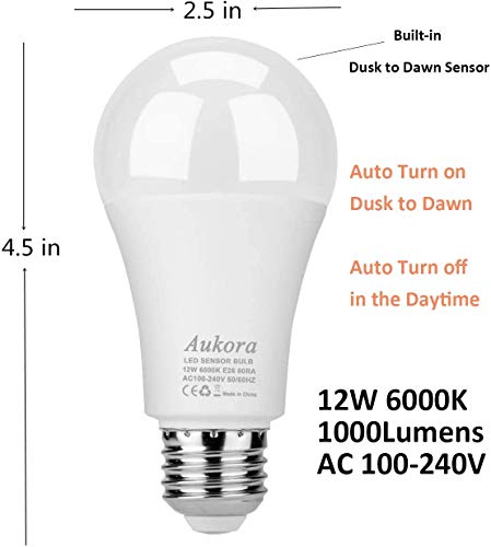 Aukora Dusk to Dawn Light Bulb 4 Pack, 12W (100-Watt Equivalent 1000lm) Smart Sensor Light Bulbs indoor E26/E27 6000K Daylight A19 Led outdoor Light Bulb for Porch Yard Garage Garden Patio(Cool White)