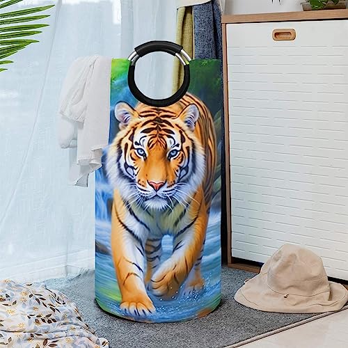 Dujiea 82L X-Large Laundry Basket Tall, Moonlight Tiger Collapsible Laundry Hampers with Aluminium Handles Big Clothes Basket Kids Laundry Bin Round Storage Basket for Dorm Room