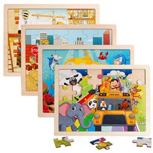 4 packs 24 pcs jigsaw puzzles for kids preschool educational brain teaser boards toys animal zoo bus marine world construction sites children enlightenment 3 years old and up