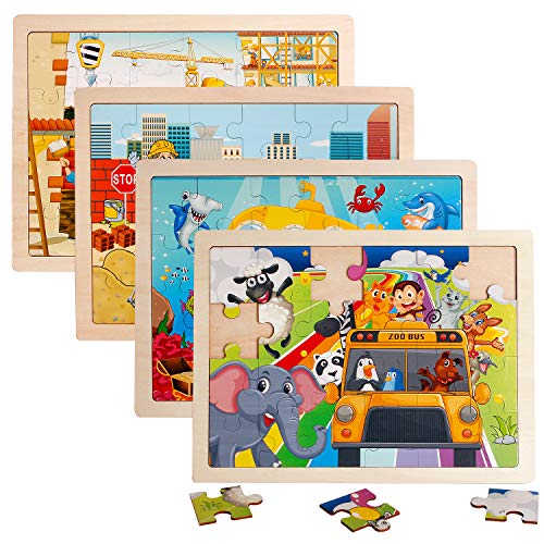 4 Packs 24 PCs Jigsaw Puzzles for Kids Preschool Educational Brain Teaser Boards Toys Animal Zoo Bus Marine World Construction Sites Children Enlightenment 3 Years Old and Up