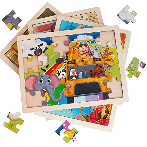 4 Packs 24 PCs Jigsaw Puzzles for Kids Preschool Educational Brain Teaser Boards Toys Animal Zoo Bus Marine World Construction Sites Children Enlightenment 3 Years Old and Up