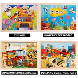 4 Packs 24 PCs Jigsaw Puzzles for Kids Preschool Educational Brain Teaser Boards Toys Animal Zoo Bus Marine World Construction Sites Children Enlightenment 3 Years Old and Up