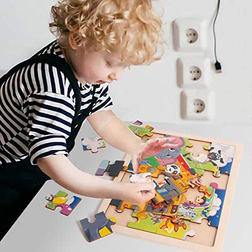 4 Packs 24 PCs Jigsaw Puzzles for Kids Preschool Educational Brain Teaser Boards Toys Animal Zoo Bus Marine World Construction Sites Children Enlightenment 3 Years Old and Up