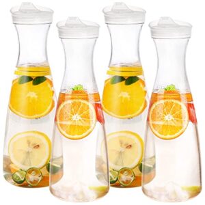 jucoan 4 pack 50 oz plastic carafe water pitcher, clear beverage carafe with flip top lid, narrow neck for iced tea, powdered juice, cold brew, lemonade