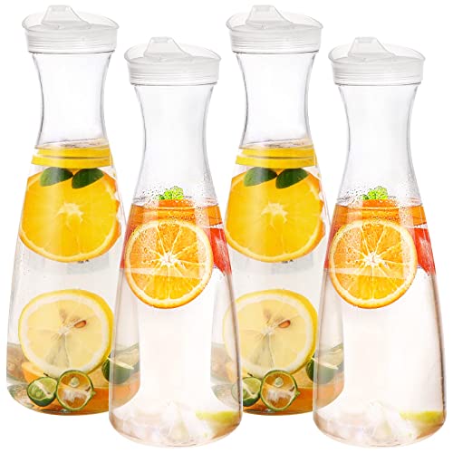 Jucoan 4 Pack 50 oz Plastic Carafe Water Pitcher, Clear Beverage Carafe with Flip Top Lid, Narrow Neck for Iced Tea, Powdered Juice, Cold Brew, Lemonade