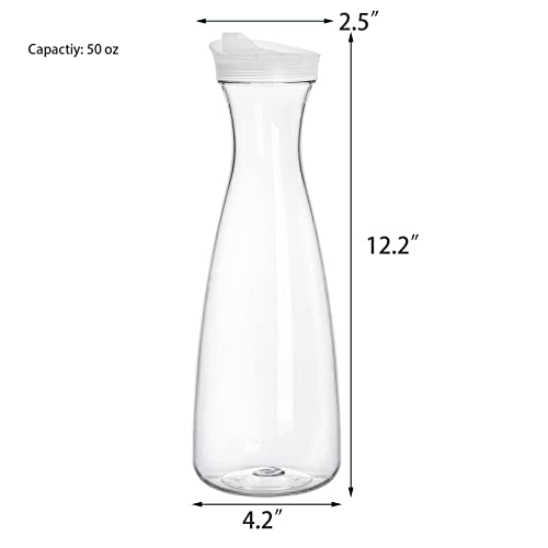 Jucoan 4 Pack 50 oz Plastic Carafe Water Pitcher, Clear Beverage Carafe with Flip Top Lid, Narrow Neck for Iced Tea, Powdered Juice, Cold Brew, Lemonade