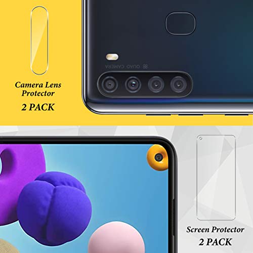 BAZO [2+2 Pack Tempered Glass Screen Protector for Samsung Galaxy A21 and Camera Lens Protector with Easy Installation Frame - Anti-Scratch - Bubble Free -Case Friendly - 9H Hardness - HD Clear