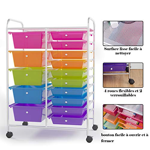RELAX4LIFE Storage Drawer Carts W/15-Drawer,Rolling Wheels Semi-Transparent Multipurpose Mobile Rolling Utility Cart for School, Office, Home, Beauty Salon Storage Organizer Cart (Color)