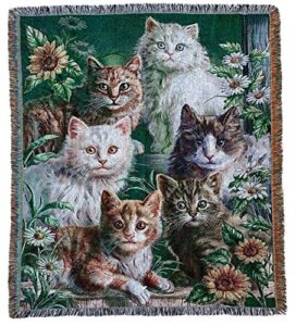 ez.enjoy garden cat flower woven tapestry throw blanket with fringe 50x60 inches