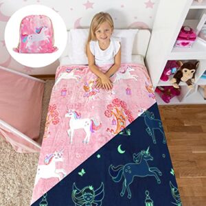 Glow in The Dark Unicorn Blanket for Girls – Soft Pink Fleece Throw. Great Christmas, Birthday, Baby, Toddler Unicorn Gifts! Unicorn Toys for Girls, with Fairy, Butterfly, Stars. Bright Long-Last Glow