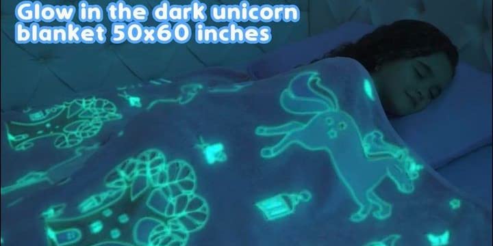 Glow in The Dark Unicorn Blanket for Girls – Soft Pink Fleece Throw. Great Christmas, Birthday, Baby, Toddler Unicorn Gifts! Unicorn Toys for Girls, with Fairy, Butterfly, Stars. Bright Long-Last Glow