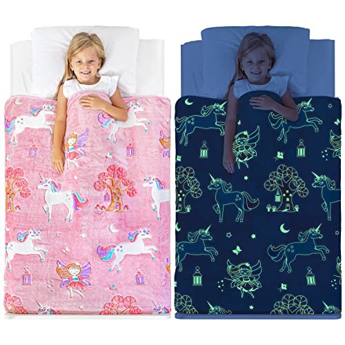 Glow in The Dark Unicorn Blanket for Girls – Soft Pink Fleece Throw. Great Christmas, Birthday, Baby, Toddler Unicorn Gifts! Unicorn Toys for Girls, with Fairy, Butterfly, Stars. Bright Long-Last Glow