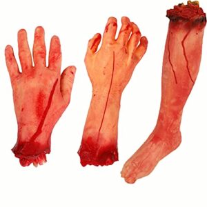 sihuan halloween horror party decorations hanging broken body parts halloween scary props bloody hands feet halloween tricky haunted house crime scene vampire zombie party favor（3pcs body parts）