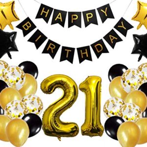 21st Birthday Party Decorations Kit Happy Birthday Banner with Number 21 Birthday Balloons for Birthday Party Supplies 21st Gold and Black Birthday Party Pack