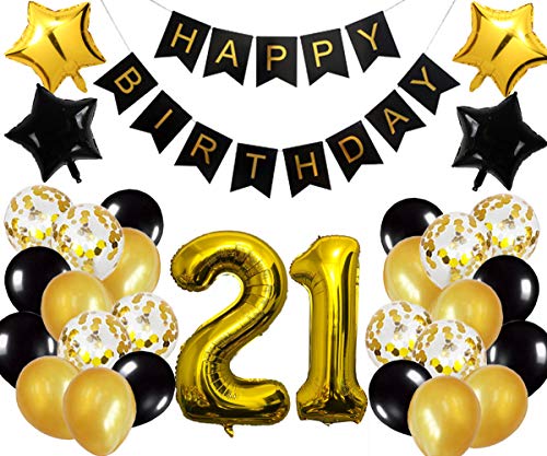 21st Birthday Party Decorations Kit Happy Birthday Banner with Number 21 Birthday Balloons for Birthday Party Supplies 21st Gold and Black Birthday Party Pack