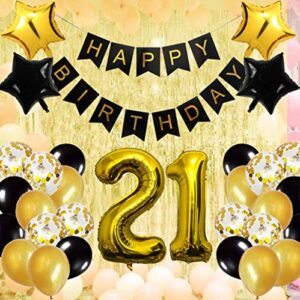 21st Birthday Party Decorations Kit Happy Birthday Banner with Number 21 Birthday Balloons for Birthday Party Supplies 21st Gold and Black Birthday Party Pack