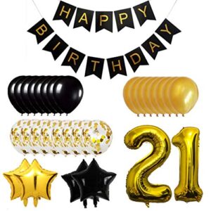 21st Birthday Party Decorations Kit Happy Birthday Banner with Number 21 Birthday Balloons for Birthday Party Supplies 21st Gold and Black Birthday Party Pack