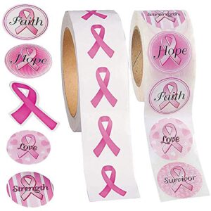 breast cancer awareness stickers 2 rolls, 1000 stickers total - for breast cancer awareness accessories, pink ribbon fundraising supplies bulk by 4e's novelty