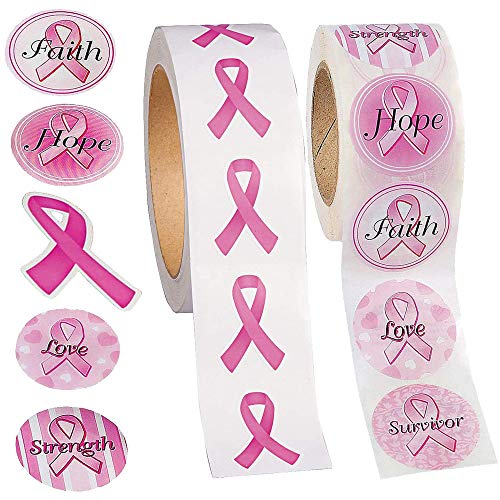 Breast Cancer Awareness Stickers 2 Rolls, 1000 Stickers Total - For Breast Cancer Awareness Accessories, Pink Ribbon Fundraising Supplies Bulk by 4E's Novelty